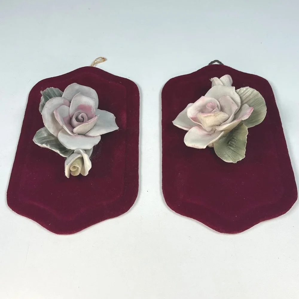 Vintage Ceramic Rose Wall Plaques Burgundy Velvet Italy Floral Pair 7 in x 4 in